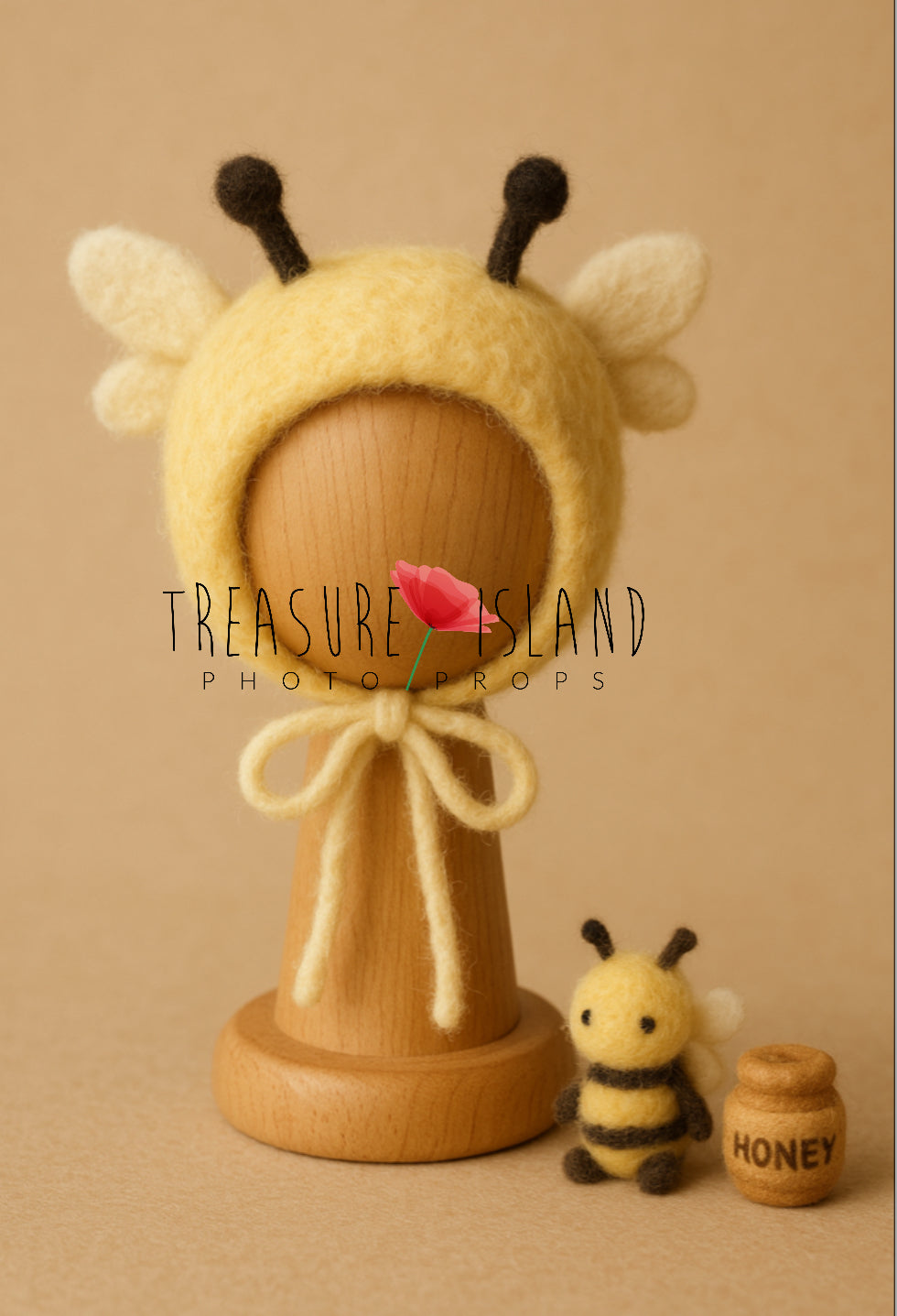 felted bee bonnet with toy and honey barrel newborn cake smash photography prop
