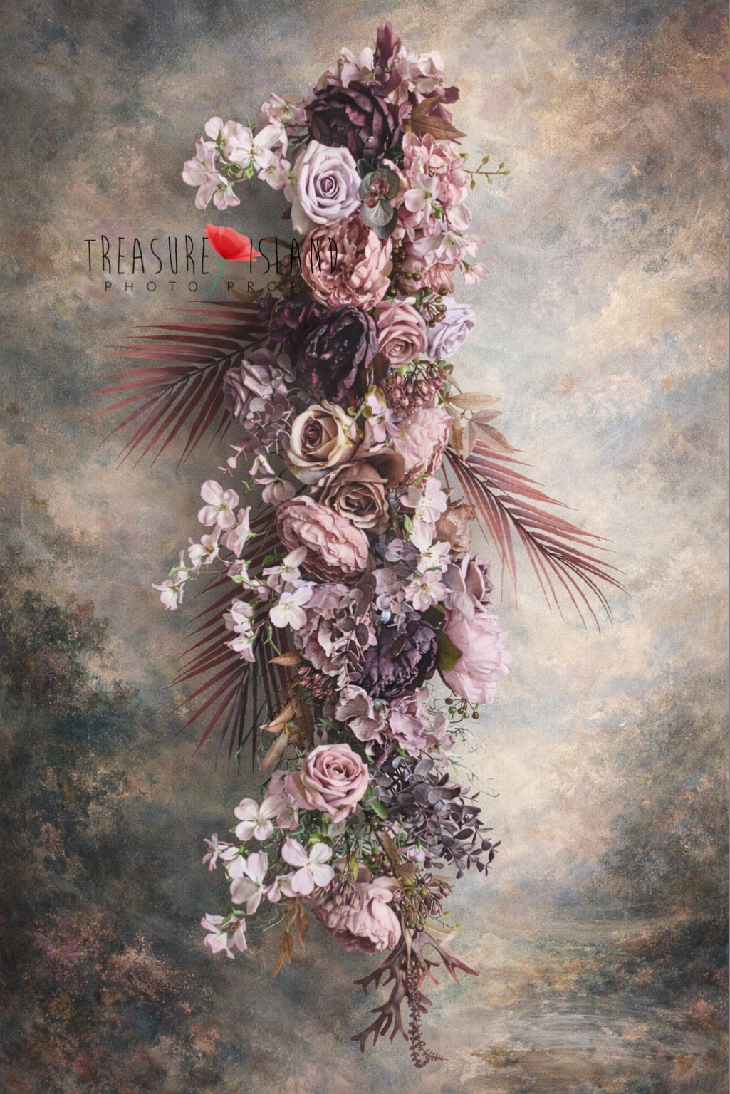 Handcrafted vertical floral arrangement in blush, mauve and burgundy tones with roses and hydrangeas – fine art newborn and maternity photography backdrop prop