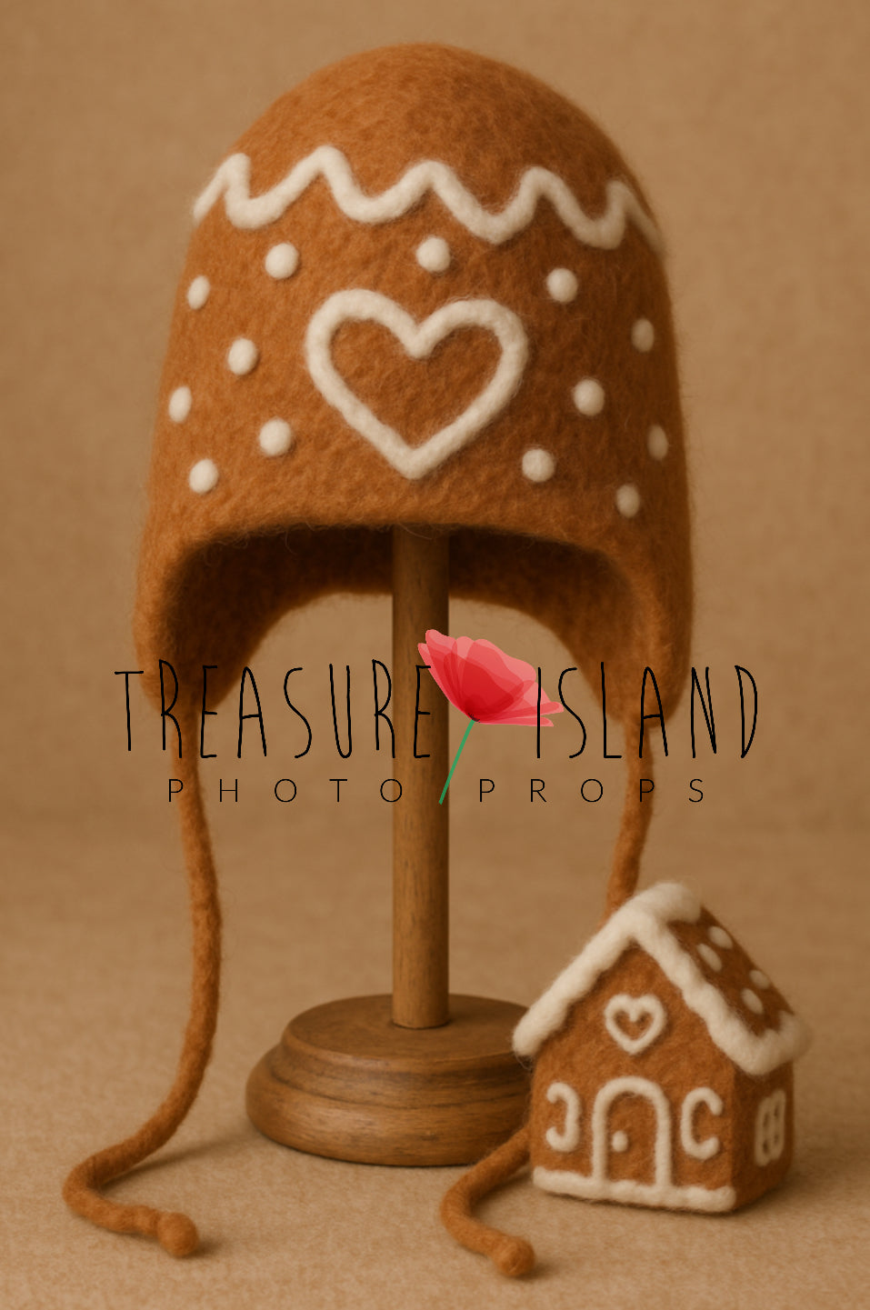 Felted Gingerbread Bonnet & Cottage Set – handmade Christmas photo prop - Gingerbread Dream Collection
