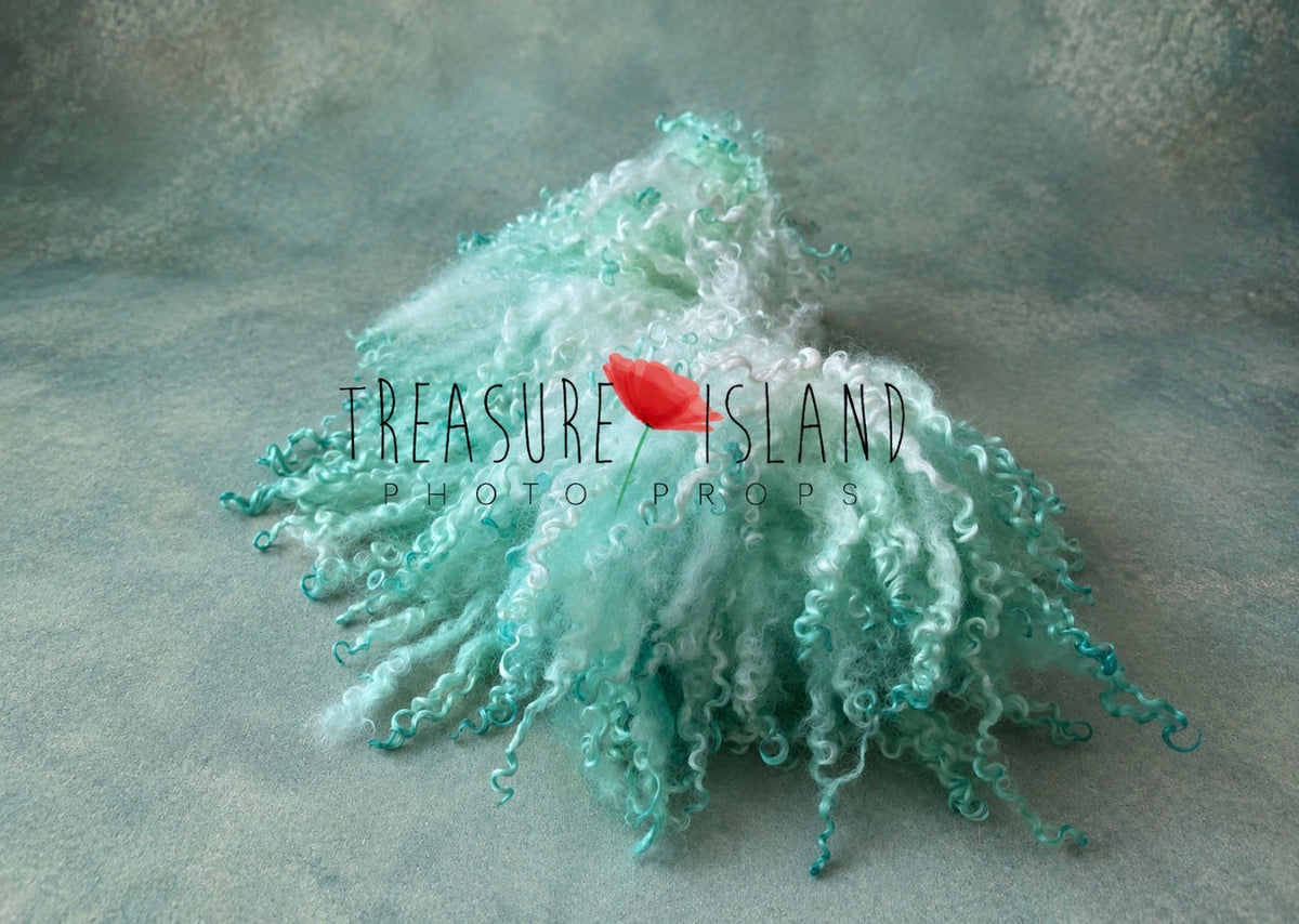 AQUA MINT Curly Wool Blanket | Hand Felted Natural Sheep Curls Photography Prop