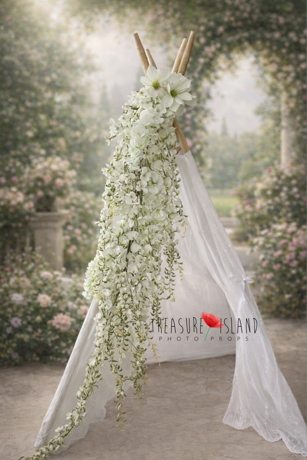 Luxury floral teepee photography prop with cascading white flowers and soft draping fabric – handcrafted backdrop for newborn and maternity sessions.