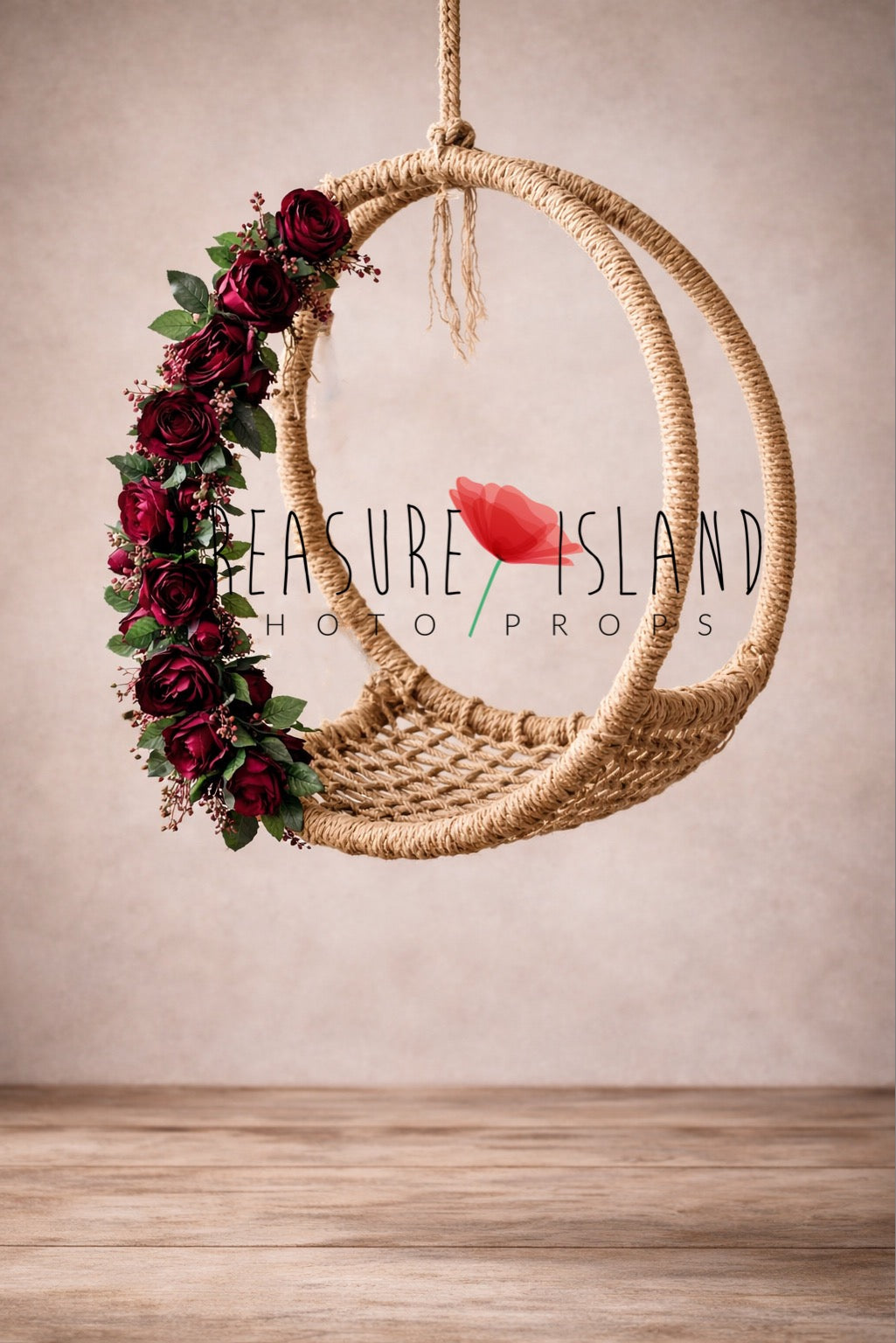 Handmade rope-wrapped newborn photography swing prop with burgundy floral arrangement, suspended against neutral studio background.