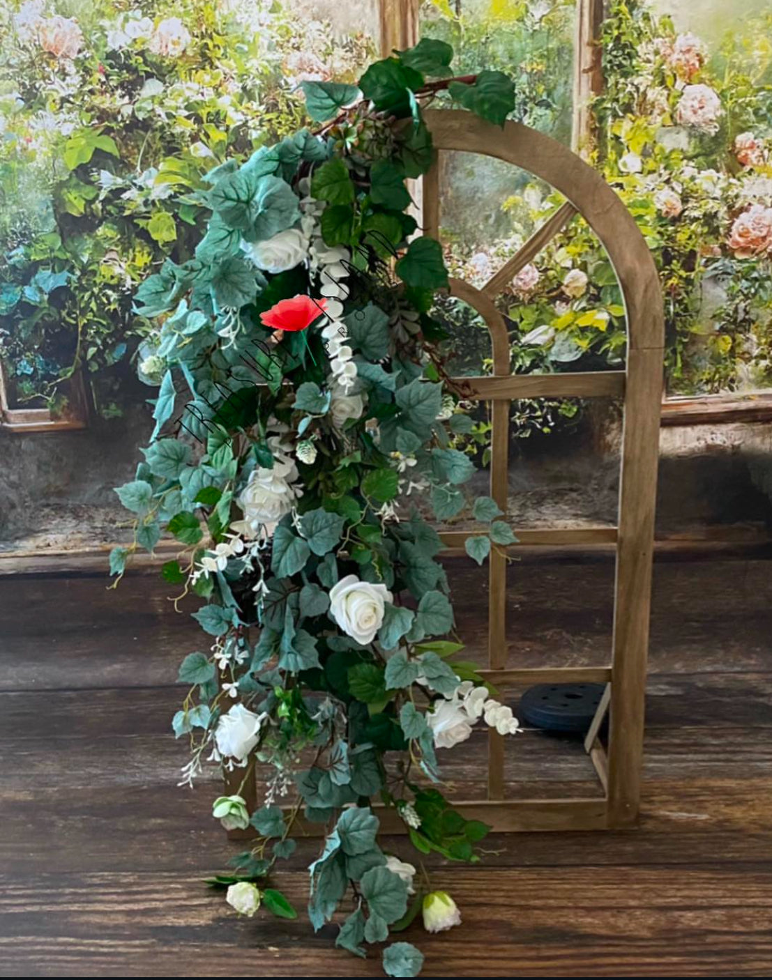 Classic Greenery & White Rose Cascade – Fine Art Photography Prop (100 cm)