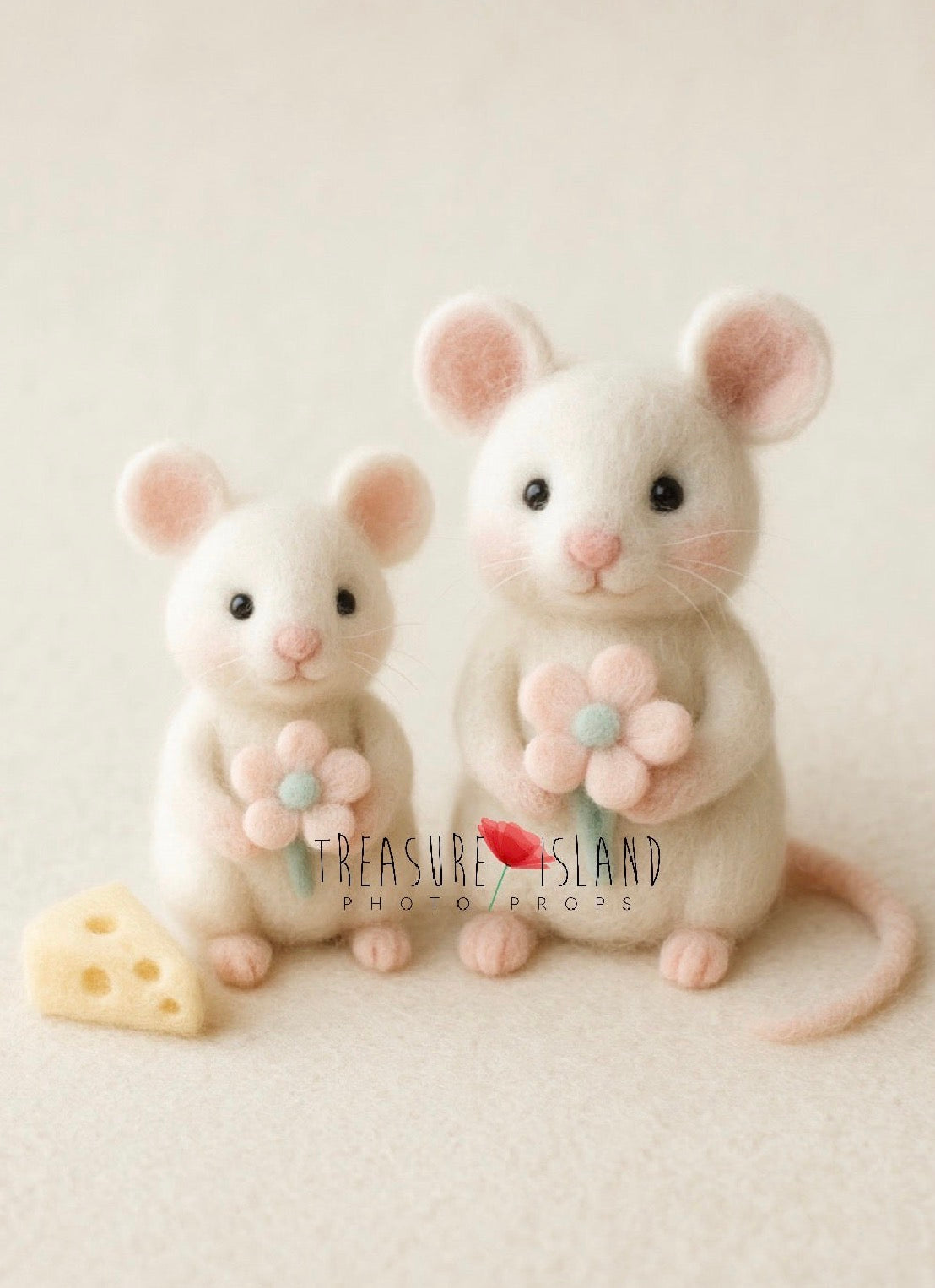 Hand-Felted White Mouse Set with Flower & cheese – Newborn & Sitter Photography Props