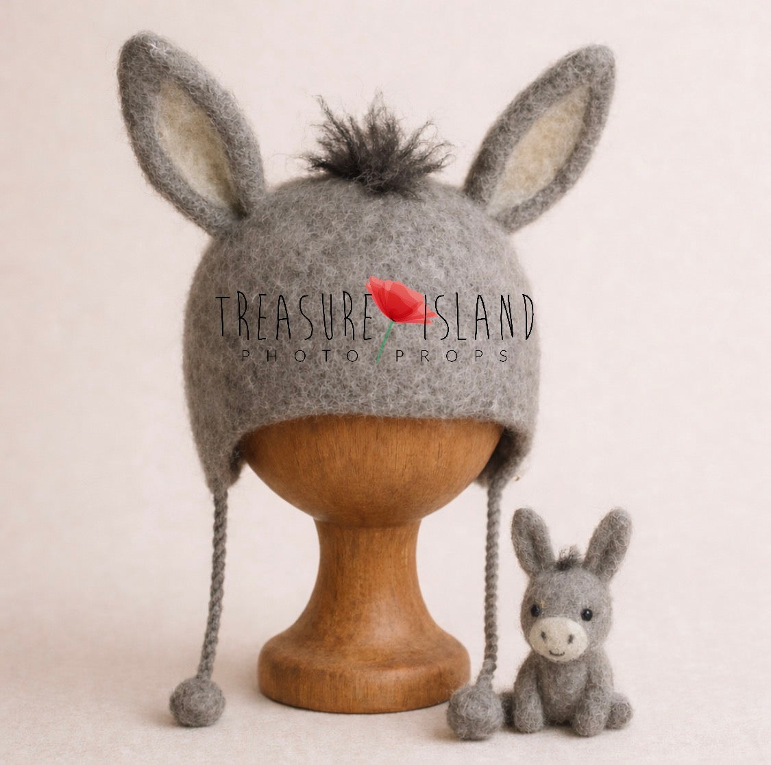 🫏 Felted Donkey Bonnet & Toy Set – Handmade Newborn Photography Props