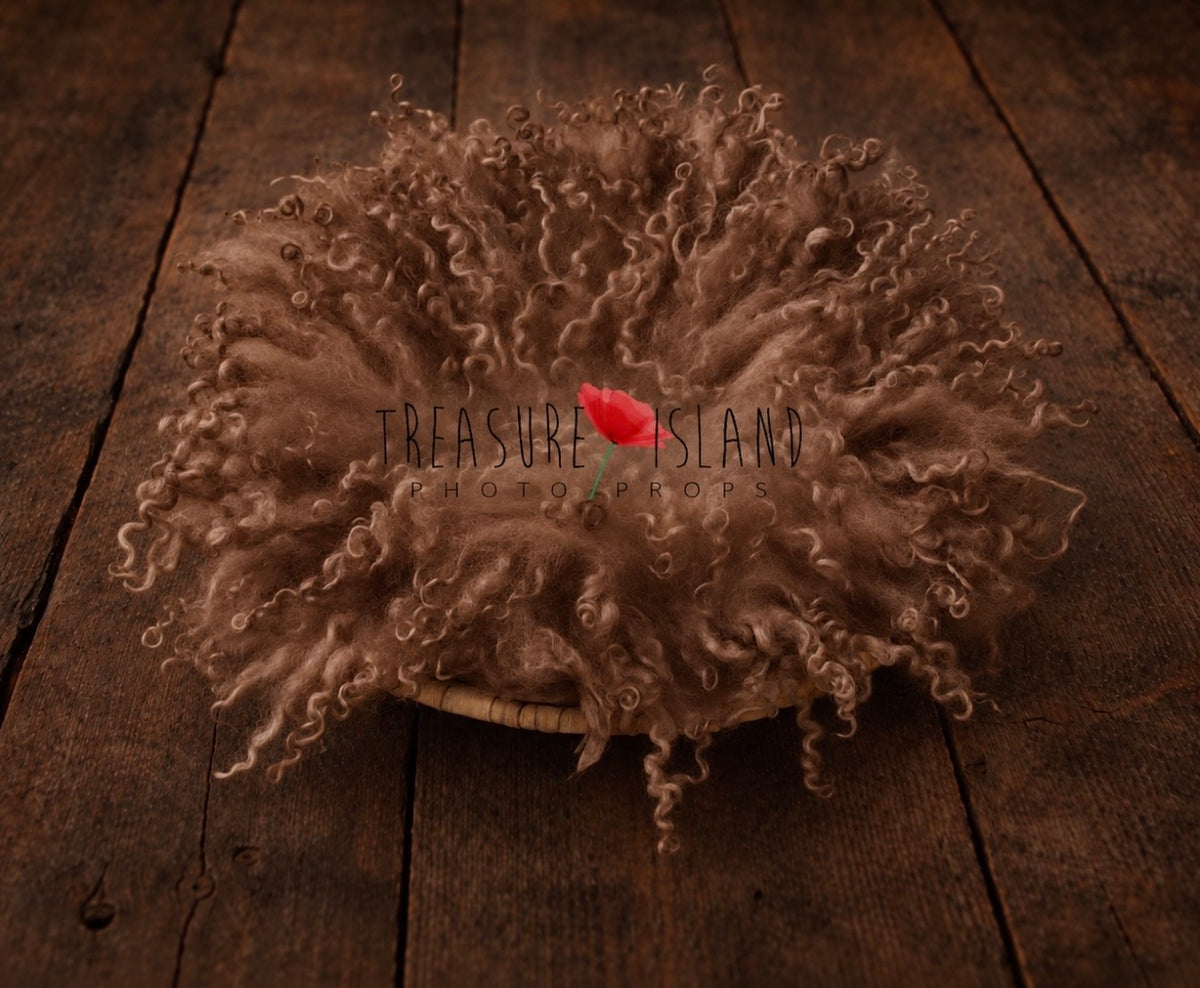 Milk Chocolate hand felted curly wool blanket with natural sheep curls for newborn photographyii