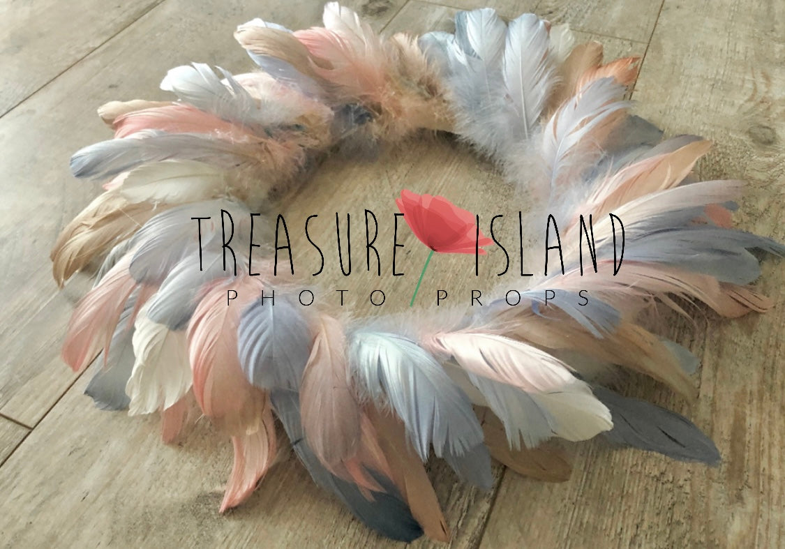 Baby blue, beige and salmon Feather Nest photographed from above showing the open posing centre