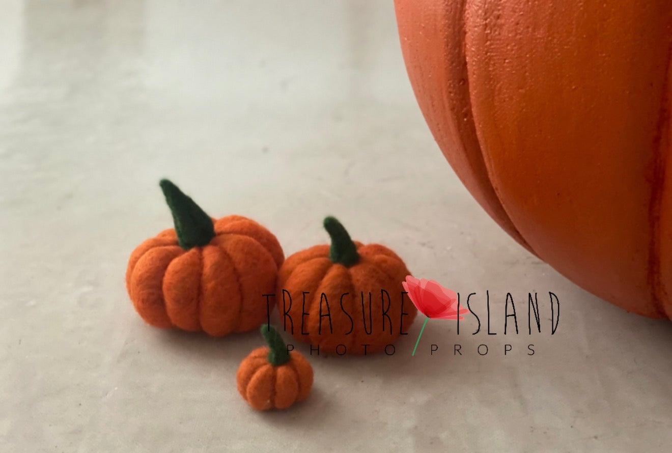 Hand-felted mini wool pumpkins in three sizes beside the rustic pumpkin photography bowl