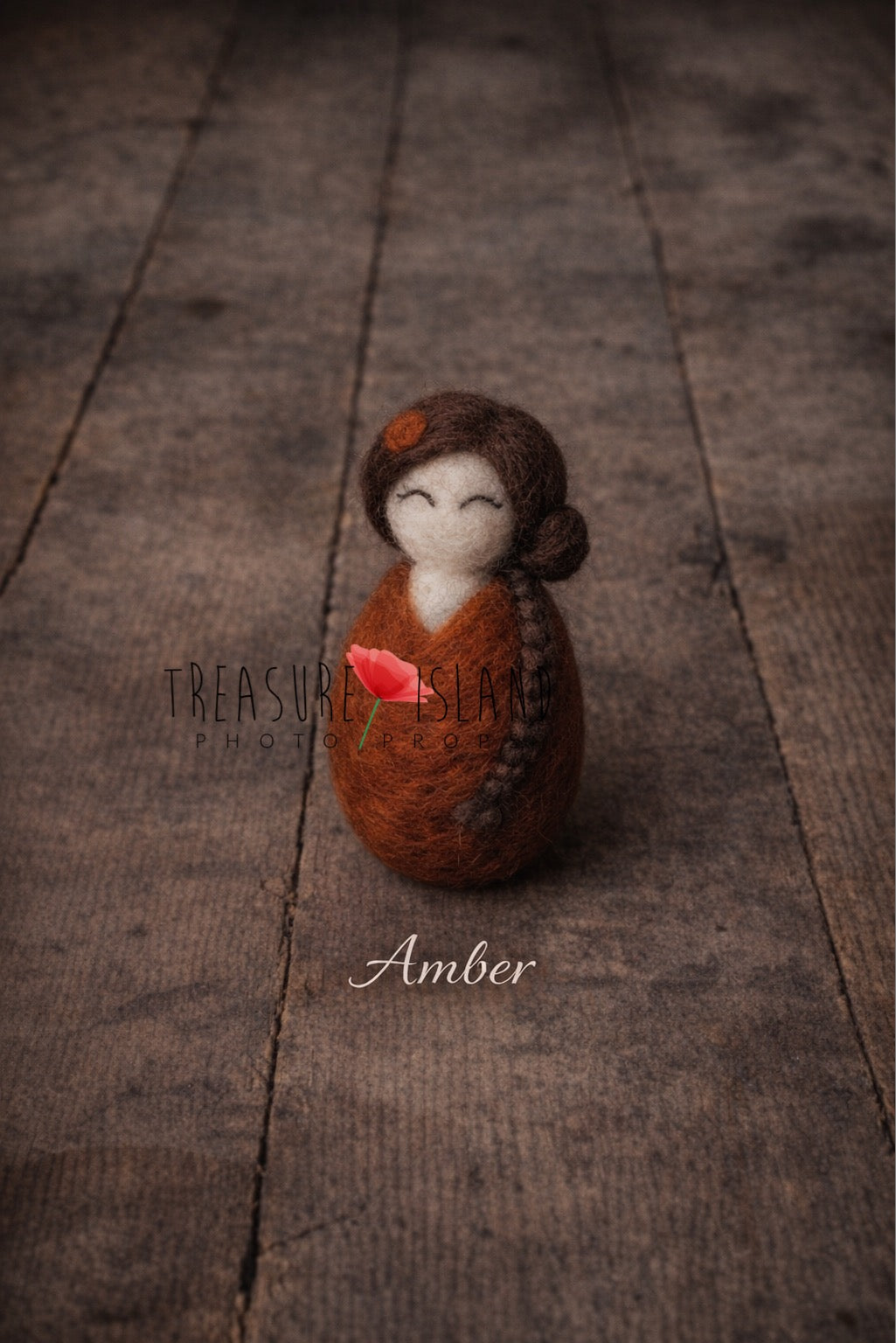 Amber rust hand-felted mini doll with braided hair for newborn photography
