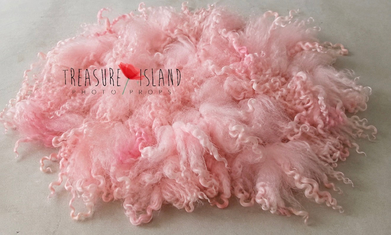 Blush Coral hand felted curly wool blanket with natural sheep curls for newborn photography