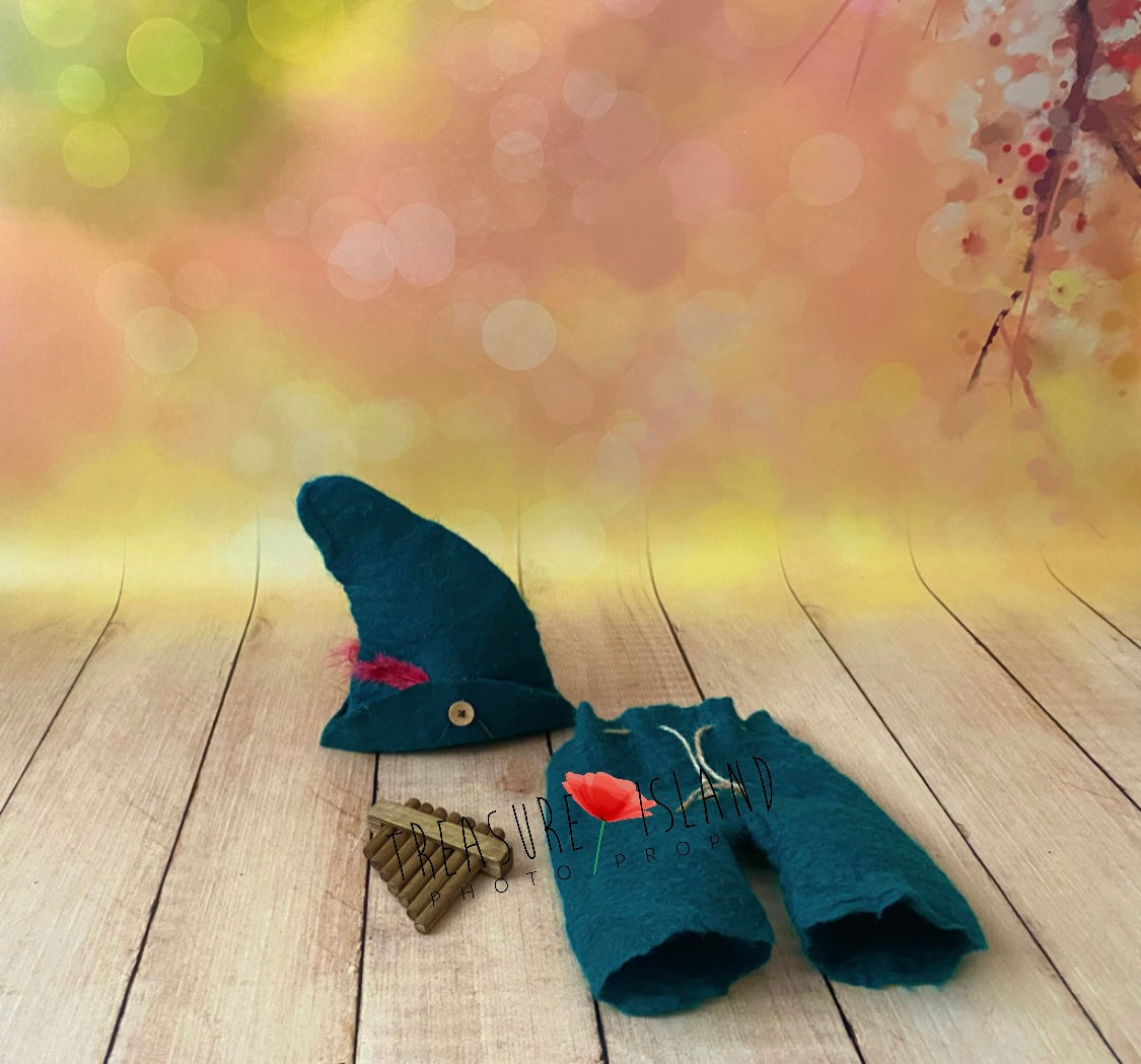Deep Teal hand-felted woodland bonnet and adjustable pants set for newborn photography
