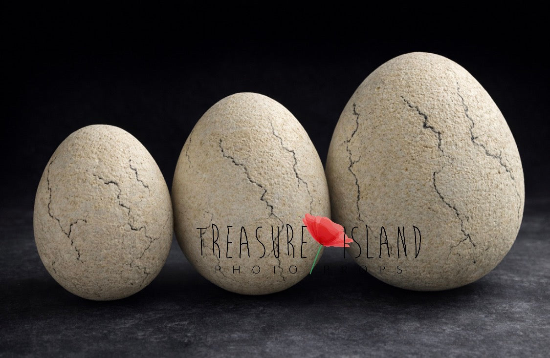 Three styrofoam Dinosaur and Dragon Egg photography props in 20, 30 and 40 cm sizes with hand-painted cracks