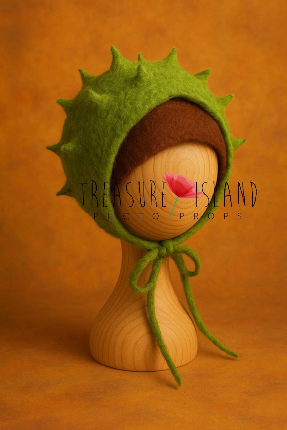 Green and brown felted chestnut bonnet for autumn Fine Art newborn photography