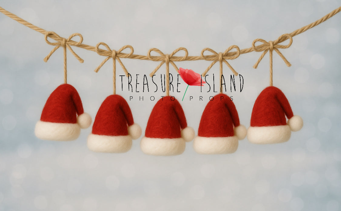Handmade felted Santa hat garland with five red and white merino wool hats for Christmas photography