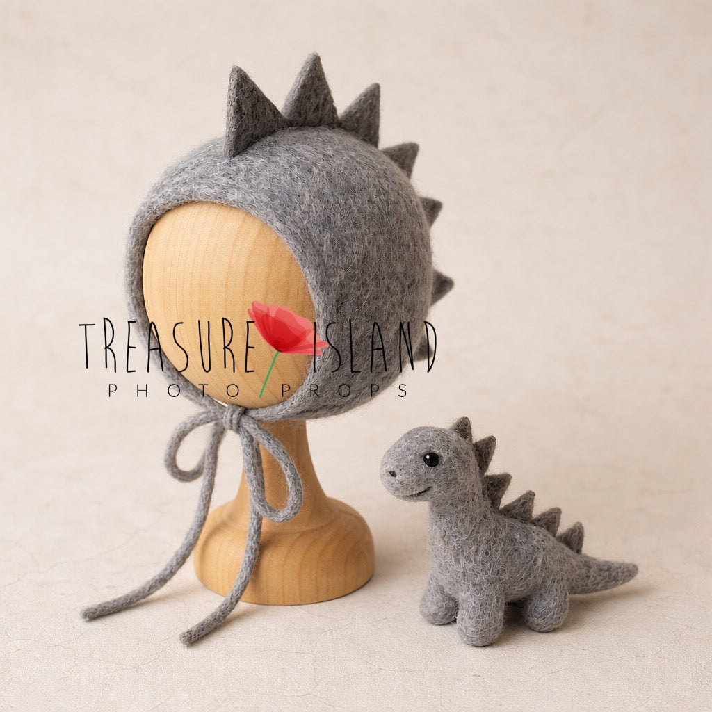 Grey hand-felted Dino bonnet with matching dinosaur toy for newborn and sitter photography