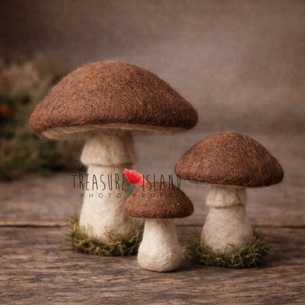 Three hand-felted bolet mushrooms in natural brown and cream tones for woodland photography styling