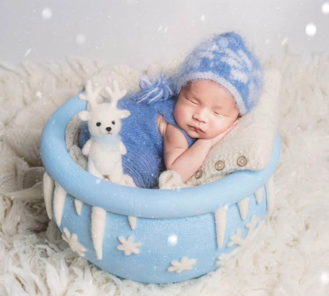 Newborn winter photography setup with ICE LAND bowl and handmade mini reindeer prop