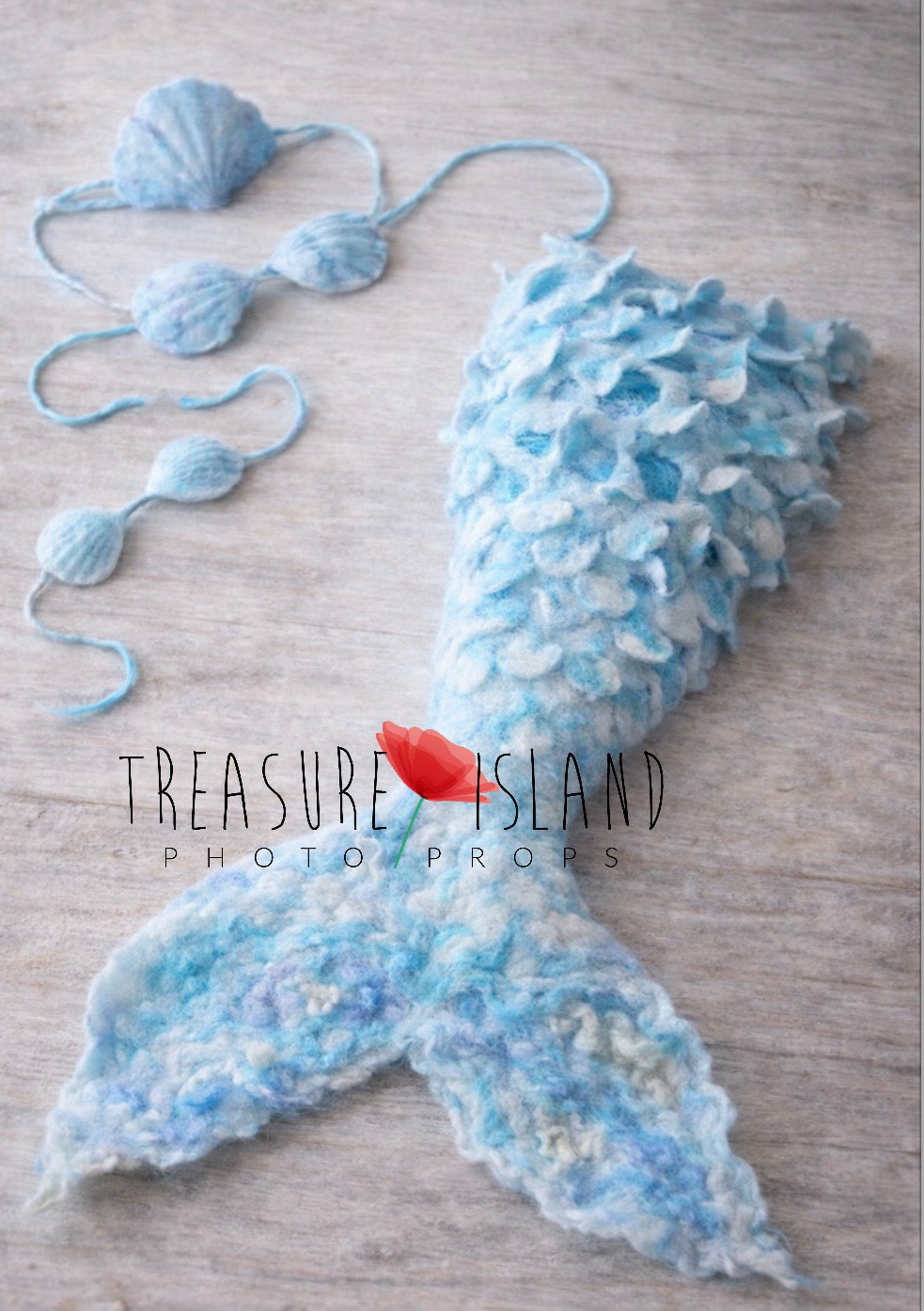Ice Pearl felted mermaid tail with matching shell top and headband for newborn photography