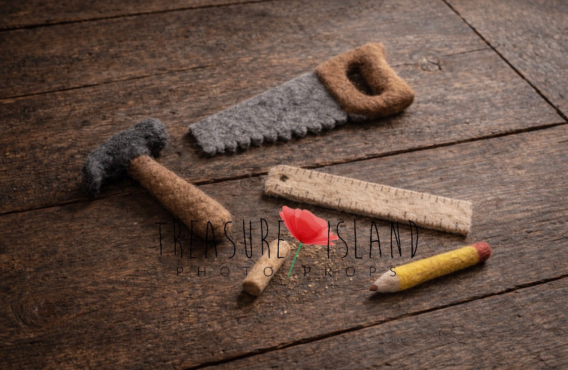 Hand-felted Little Carpenter newborn woodworking photography props with miniature hammer, saw, ruler, peg and pencil