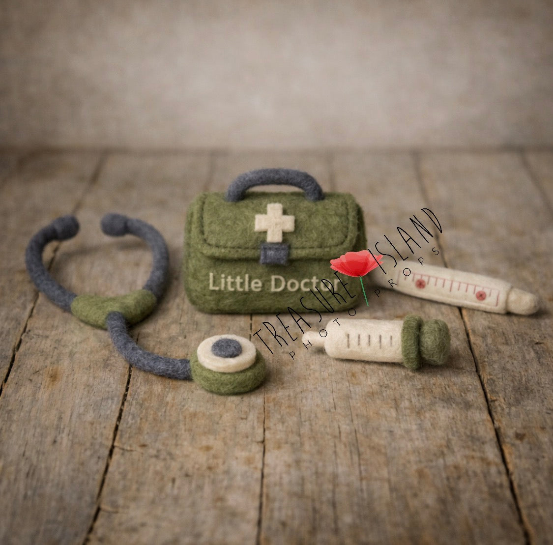 Hand-felted little doctor set with medical bag, stethoscope, syringe and thermometer for newborn photography
