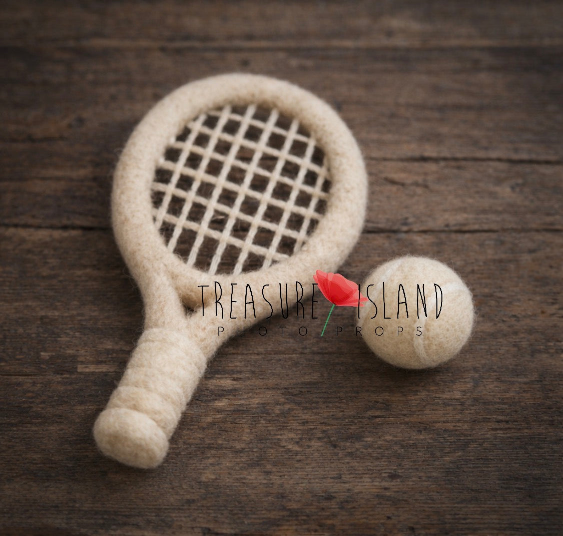 Natural beige hand-felted tennis racket and ball for newborn photography