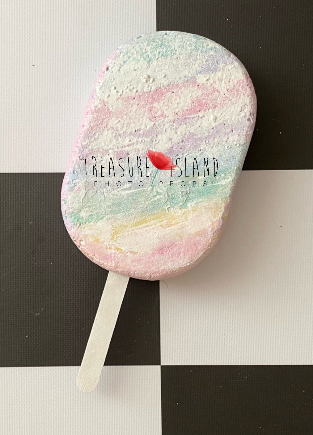 Hand-painted pastel rainbow styrofoam ice cream prop with wooden stick for Cake Smash photography