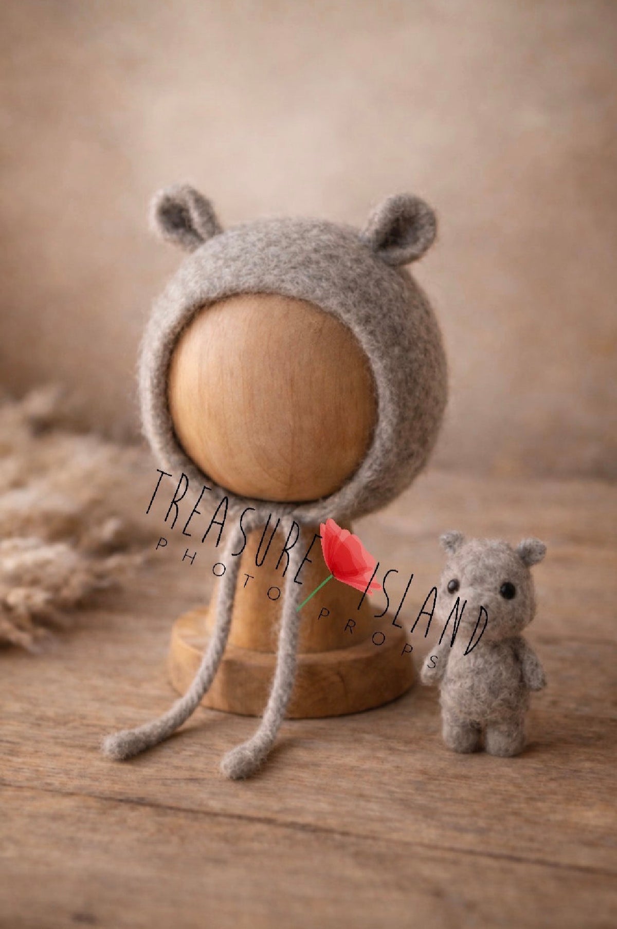 Handmade grey felted hippo bonnet and matching mini hippo for newborn and sitter Safari photography