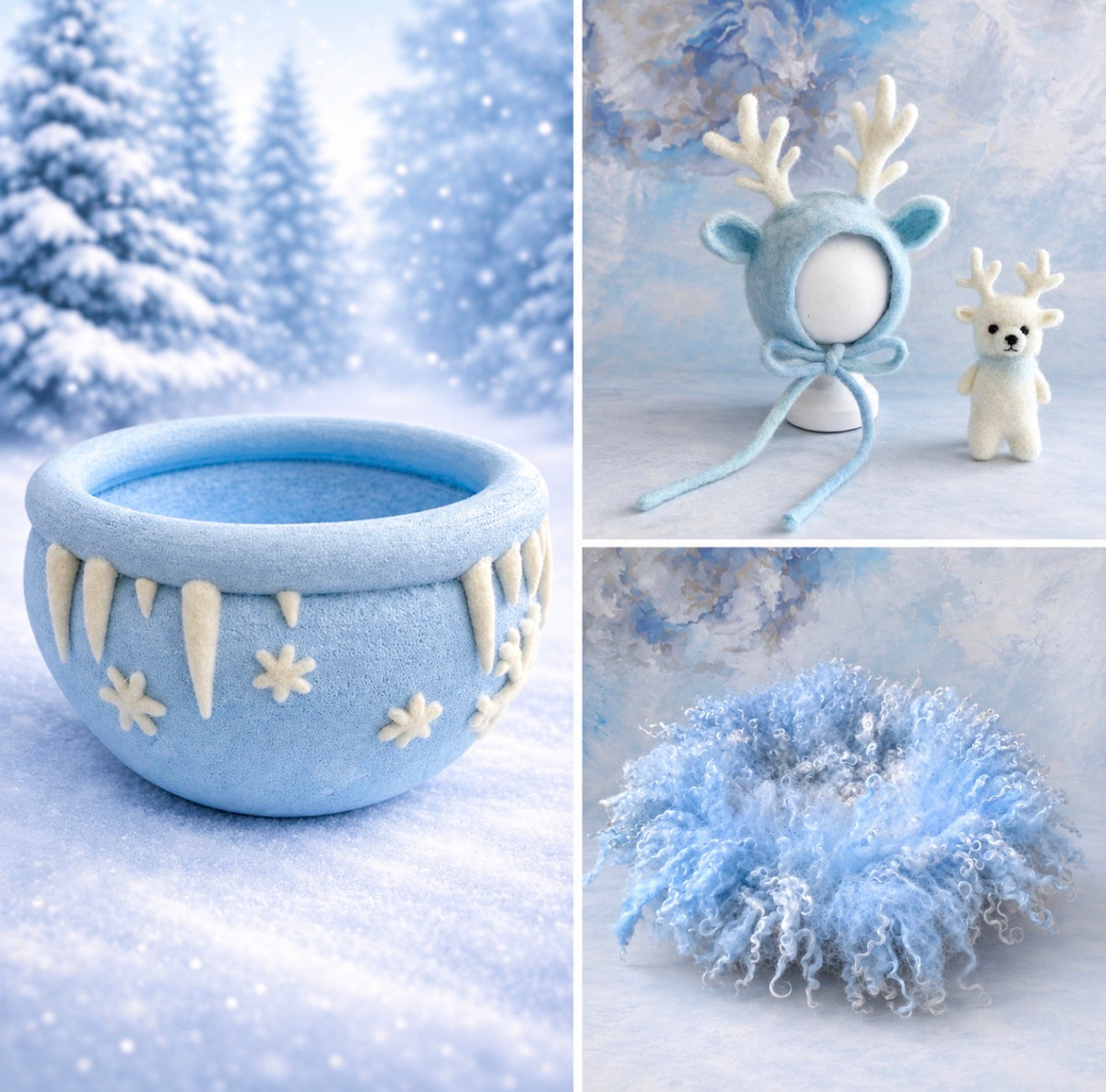 Ice Land winter photography props with icy blue bowl, felted reindeer bonnet and curly wool layer