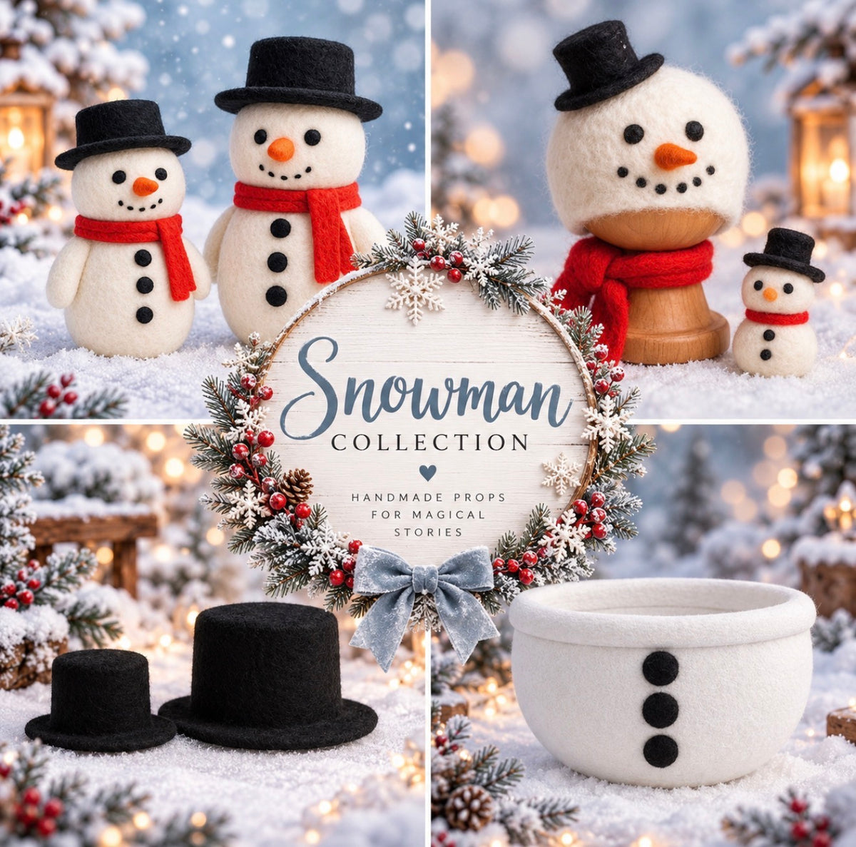 Snowman winter photography props with felted snowmen, snowman bowl, bonnet and black top hats