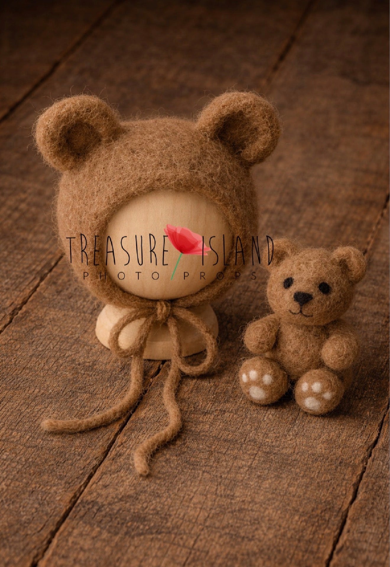 Teddy bear newborn photography collection featuring handcrafted bear bonnets, outfits and coordinating photography props