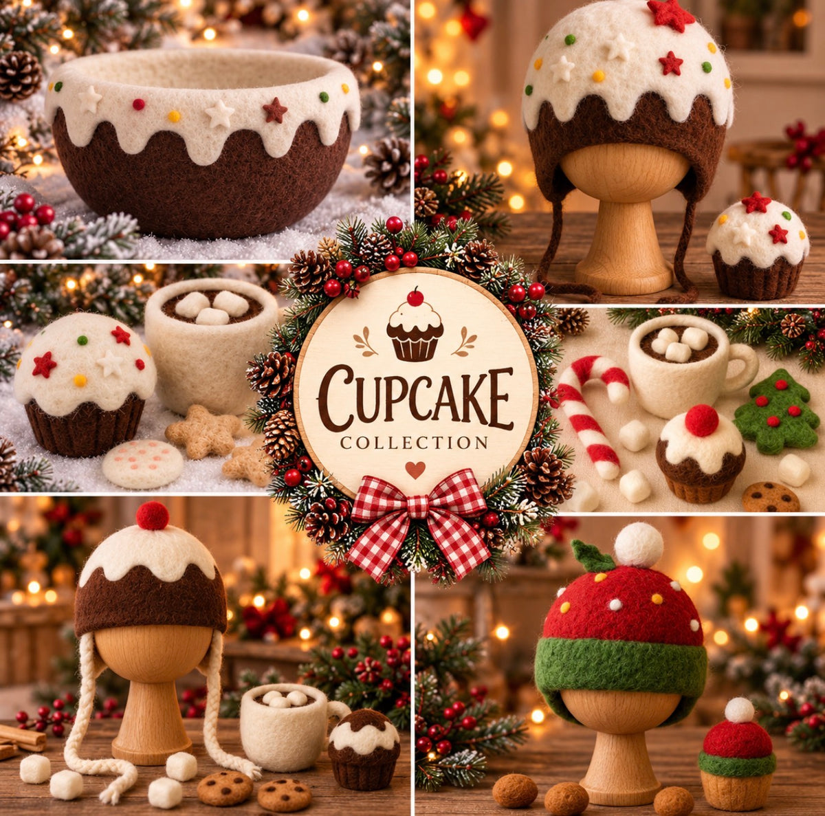 Cupcake Christmas photography props with festive bowl, felted cupcake bonnets and miniature cupcakes
