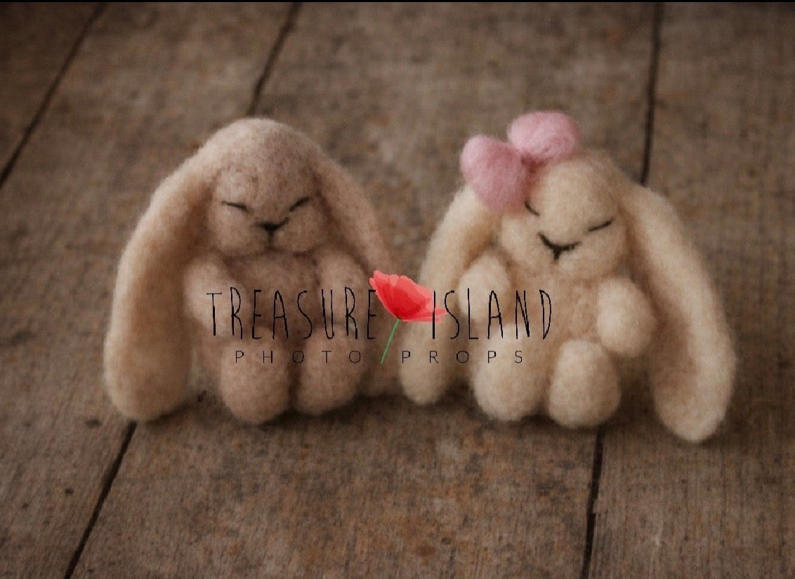 Handcrafted felted bunny couple featured in our Bunny Wonderland newborn photography collection