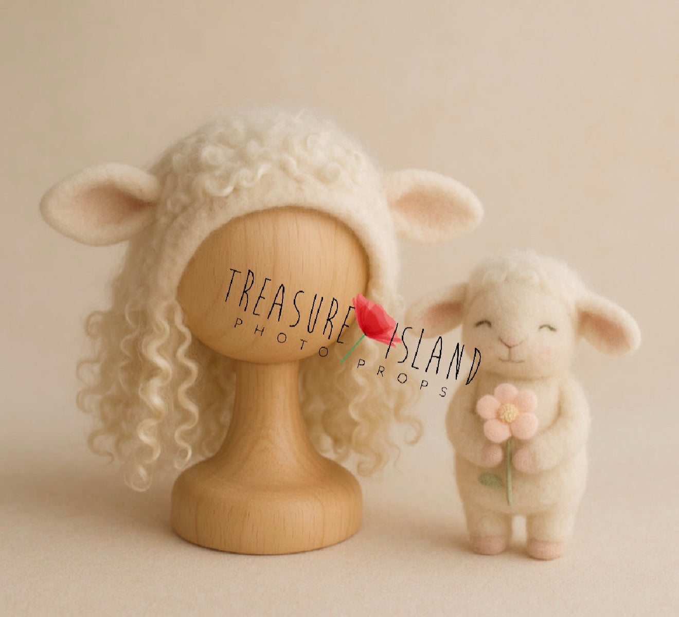 Little Lamb newborn photography collection featuring a handcrafted lamb bonnet with natural sheep locks and matching lamb prop
