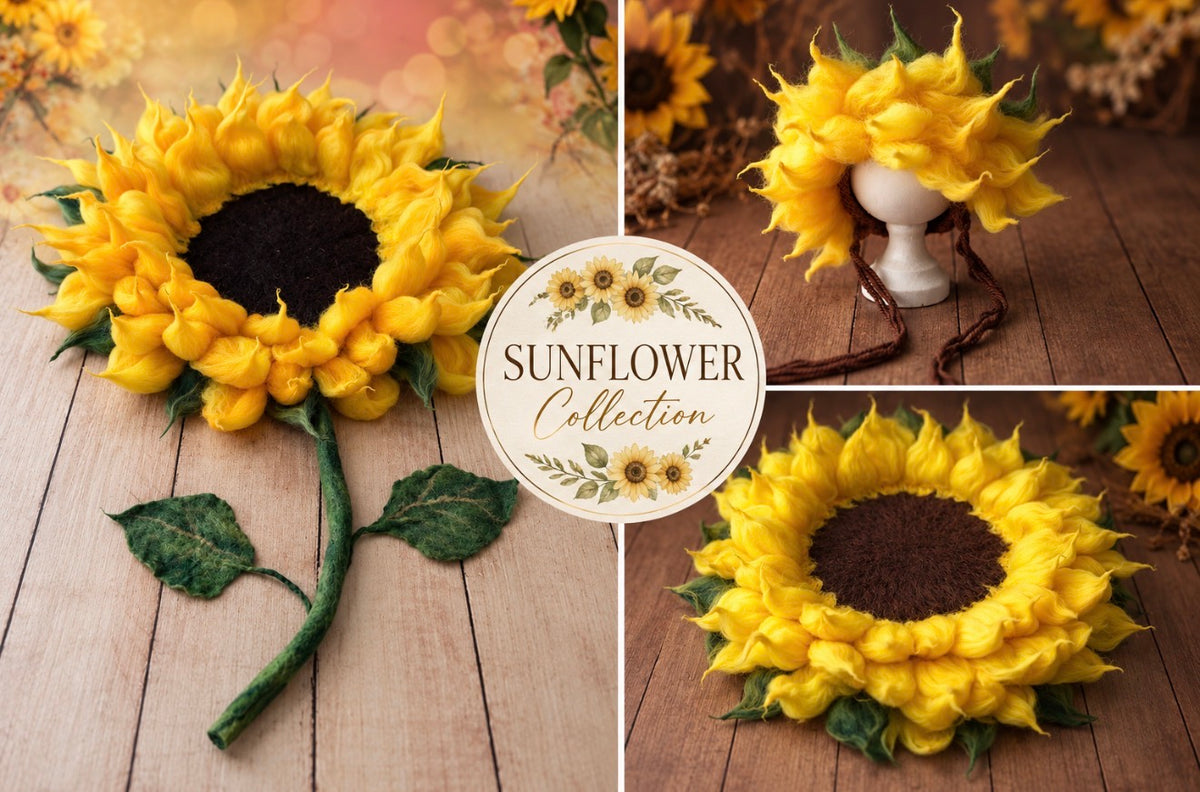 Handmade felted Sunflower photography props with sculptural flower posing prop and sunflower bonnet for newborn Fine Art sessions