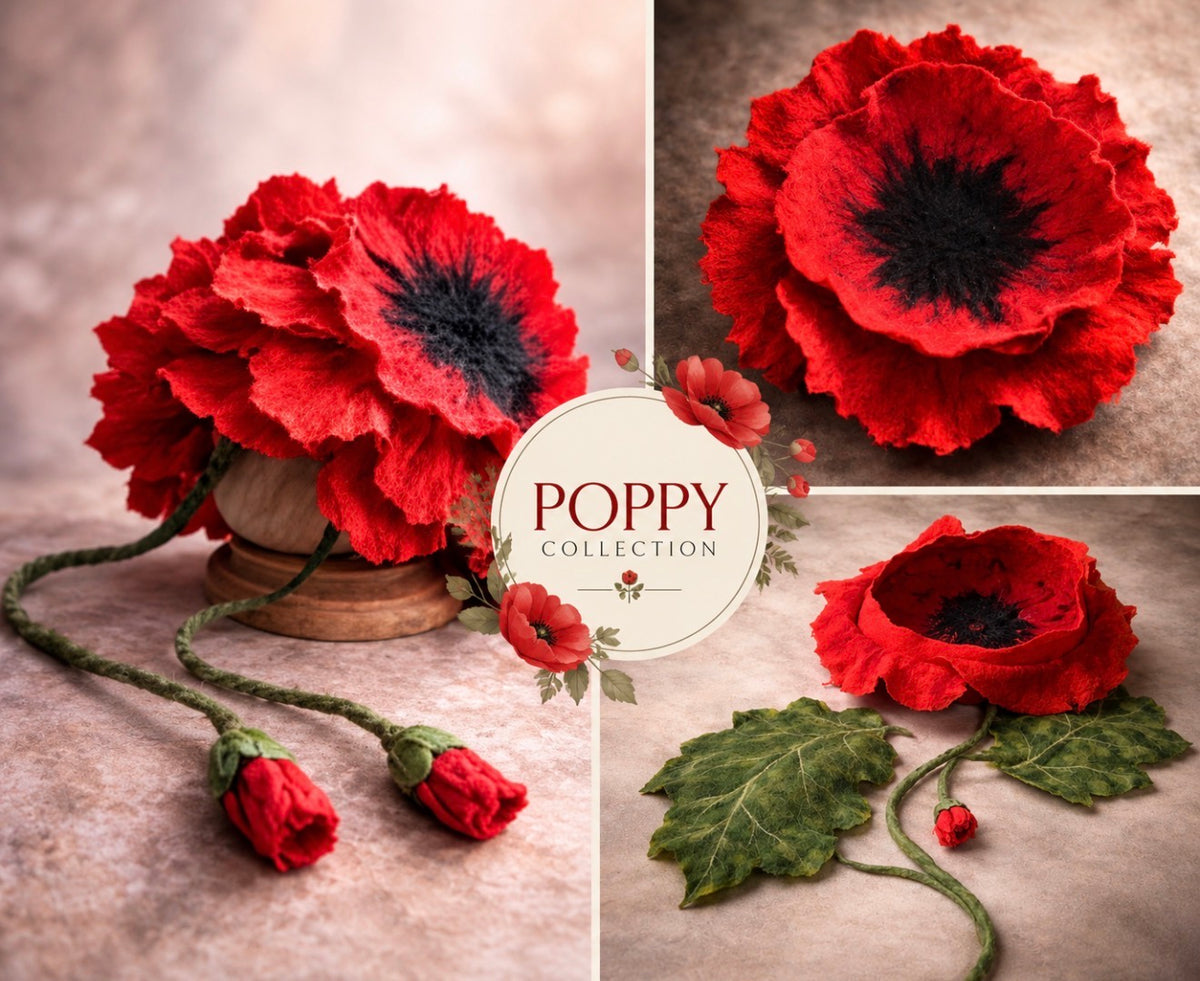 Handmade felted Poppy photography props with red flower bowl, floral bonnet and poppy flowers for newborn Fine Art sessions