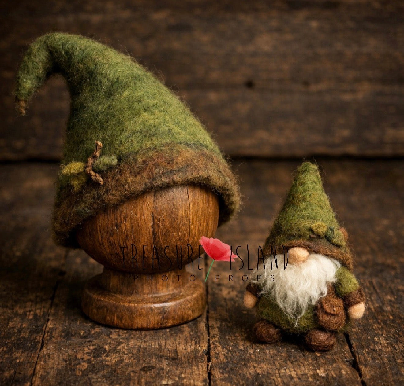 Handmade felted gnome and matching newborn bonnet inspired by enchanted forests, woodland creatures, and fairy tale photography styling