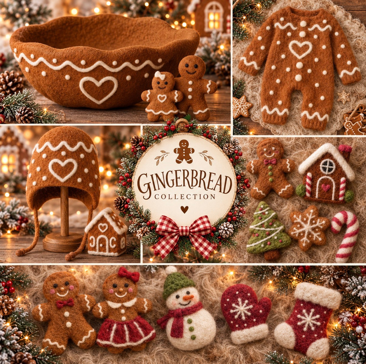 Gingerbread Christmas photography props with bowl, romper, bonnet, felted gingerbread characters and festive accessories