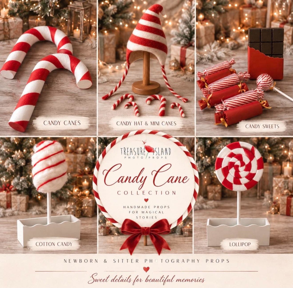 Candyland Christmas photography props with giant candy canes, lollipop, sweets, cotton candy and felted accessories