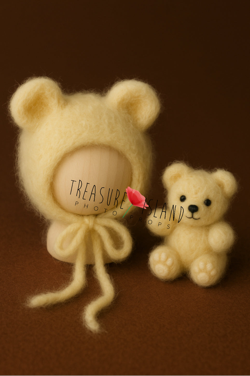Handmade felt bear bonnet and mini teddy in pudding  tones, baby photography prop for newborn and sitter