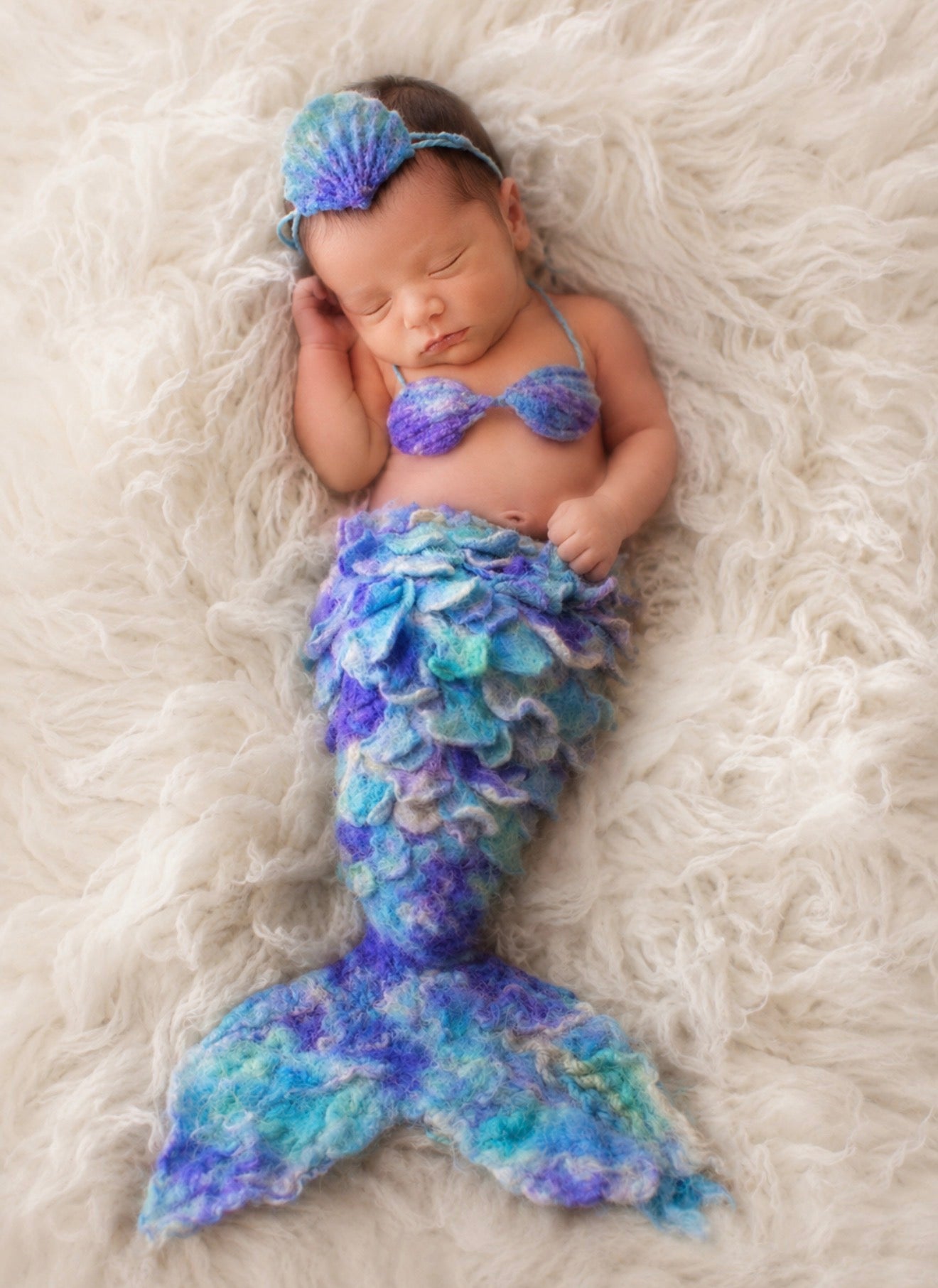Luxury Mermaid Set – Handmade Felted Tail, Shell Top & Headband | Newborn & Sitter Photography Props
