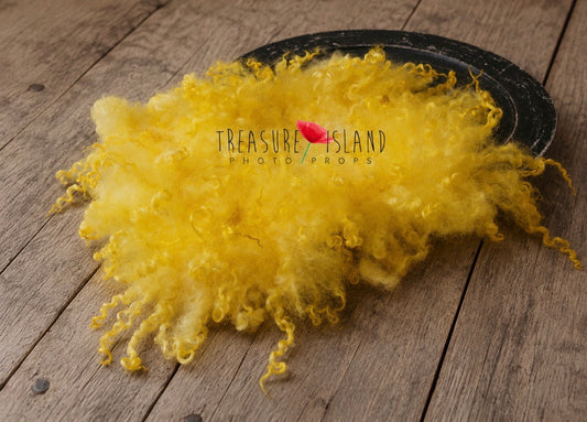 Sunny Yellow hand felted curly wool blanket with natural sheep curls for newborn baby and Bee themed photography