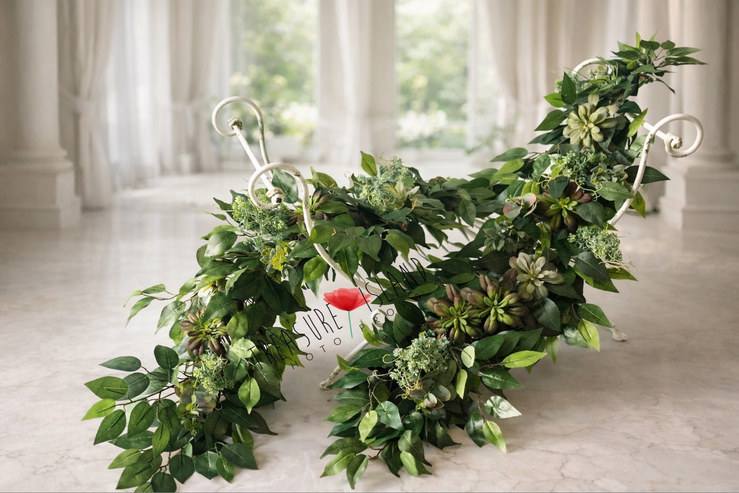 Artificial greenery garland on white vintage bench – luxury newborn photography prop backdrop