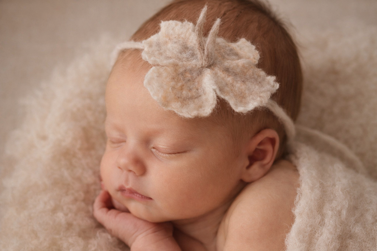 Hand-felted newborn flower headband in cream and beige tones, soft wool flower about 8 cm on a thin felt cord, worn by sleeping newborn baby, delicate photography prop for newborn photo session
