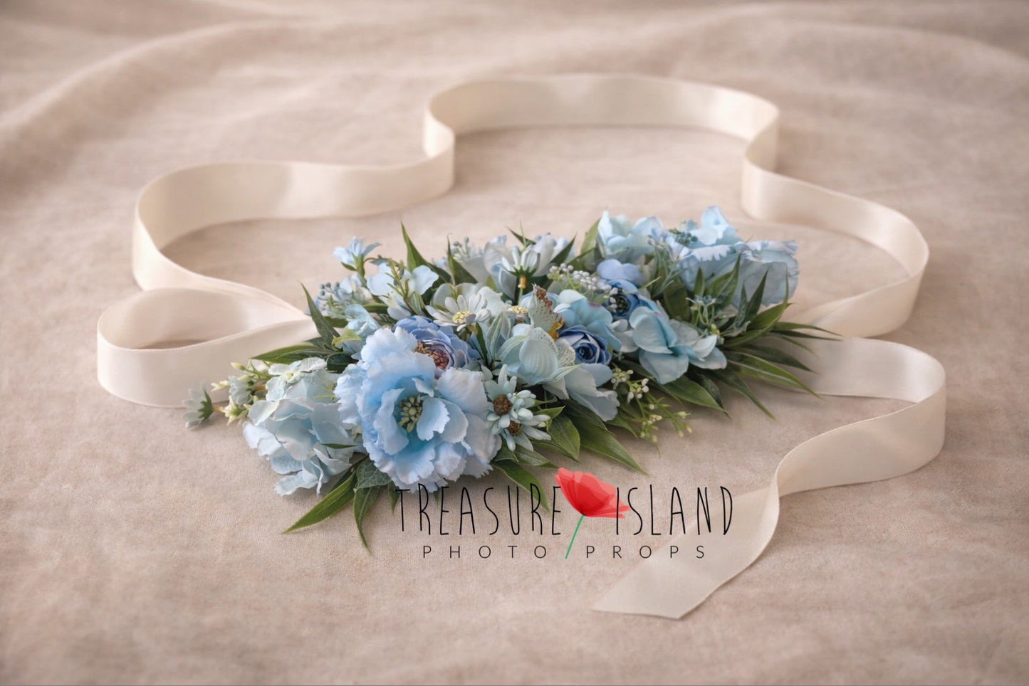 Pastel blue pregnancy belt with long satin ribbon – boho maternity sash for baby bump photos
