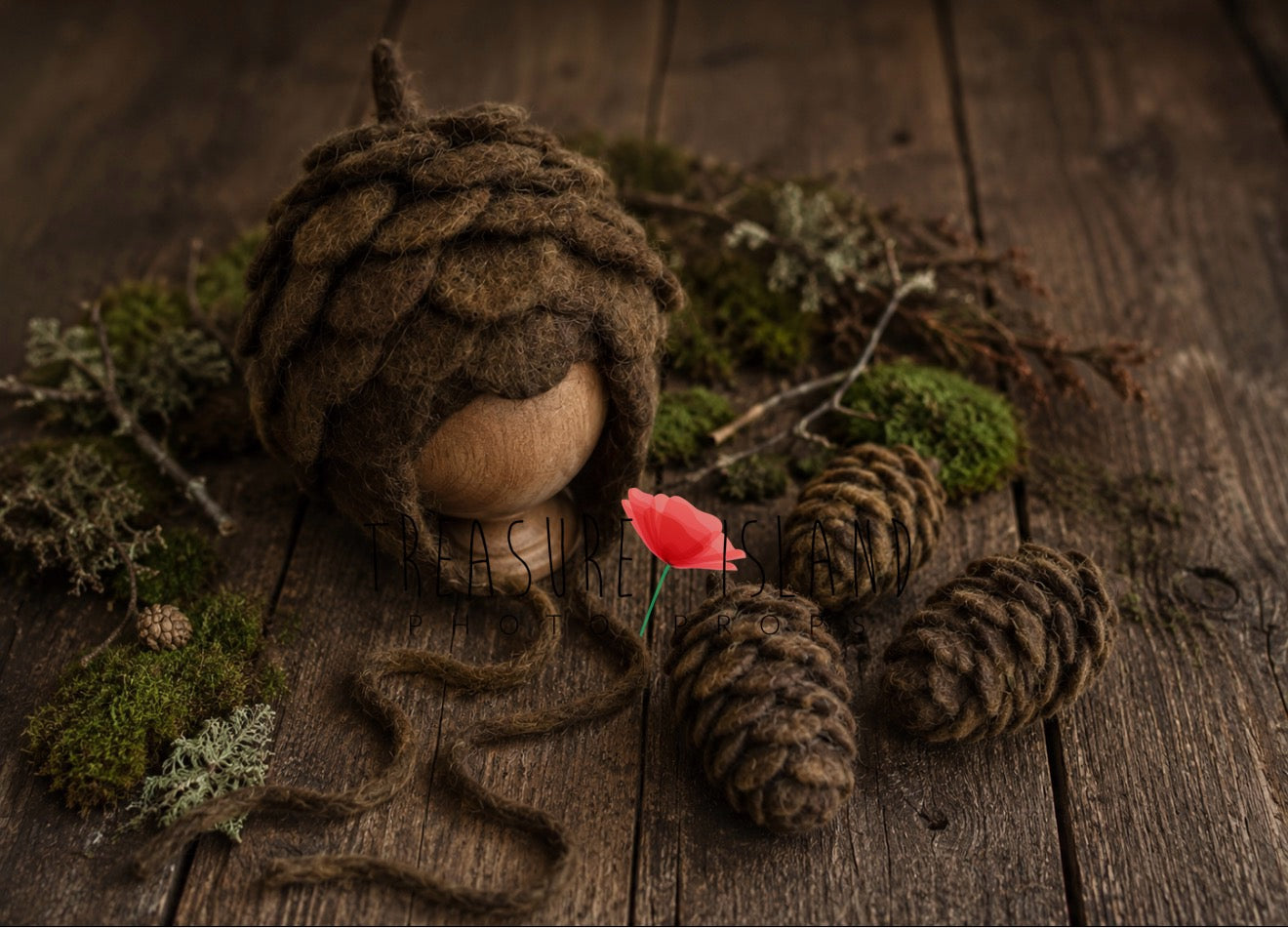 Pine Cone Bonnet &amp; Felted Pine Cones Set&nbsp; Handmade Woodland Photography Props