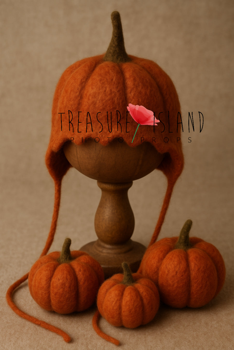 Handmade Felt Pumpkin Hat & 3 Felted Pumpkins Set