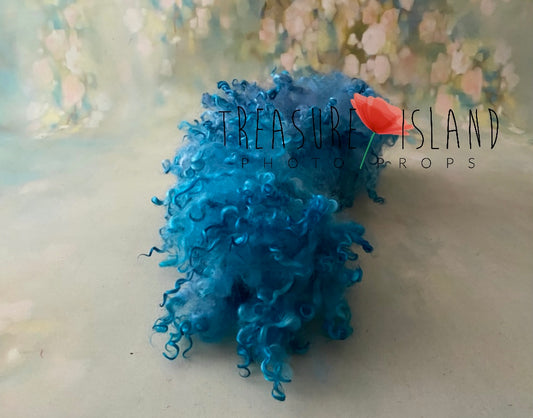 Ocean Blue hand felted curly wool blanket with natural sheep curls for newborn and sitter photography