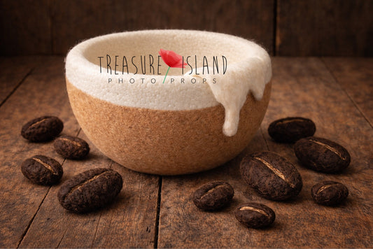 Handmade felted coffee bowl prop with wool foam effect and realistic felt coffee beans on rustic wooden background – newborn and sitter photography prop