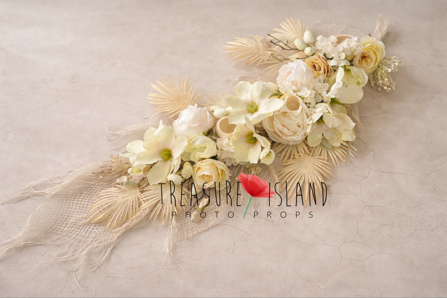 Elegant ivory spring floral garland with roses and decorative eggs – 120 cm photography backdrop prop