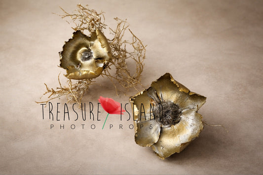 Hand painted exotic flower prop in gold tones, fine art background, luxury newborn photography prop, handmade organic texture
